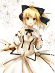1girl artoria_pendragon_(all) black_bow blonde_hair bow breastplate dress eyebrows_visible_through_hair fate/grand_order fate/unlimited_codes fate_(series) faulds floating_hair gauntlets green_eyes hair_between_eyes hair_bow highres long_hair looking_at_viewer outdoors petals ponytail saber_lily signature sleeveless sleeveless_dress solo standing white_dress yellow_sprin
