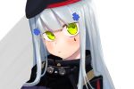  1girl bangs beret black_headwear blue_hair commentary facial_mark girls_frontline green_eyes hair_ornament hat hk416_(girls&#039;_frontline) jacket long_hair looking_at_viewer palaiva_0118 simple_background solo straight_hair white_background 