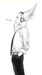  1boy amplifier belt boku_no_hero_academia bulge character_name cigarette cowboy_shot crested_hair dress_pants dress_shirt expressionless facial_hair from_side glasses greyscale hair_up hand_in_pocket headphones highres lineart long_hair long_sleeves looking_ahead male_focus monochrome mouth_hold mustache necktie present_mic profile shirt simple_background sleeves_folded_up smoke_trail smoking solo tinted_eyewear ura_musi watch watch white_background 