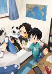  2boys artist_request ball bedroom book book_stack bookshelf child commentary_request curtains highres indoors multiple_boys nintendo_switch original room shorts soccer_ball translation_request window wooden_floor 
