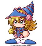1girl bangs bare_shoulders blonde_hair blue_eyes blue_footwear blush boots breasts crossover dark_magician_girl duel_monster hair_between_eyes hat highres holding holding_wand jikkyou_powerful_pro_yakyuu long_hair looking_at_viewer off_shoulder official_art smile solo thighs wand wizard_hat yu-gi-oh! yuu-gi-ou yuu-gi-ou_duel_monsters