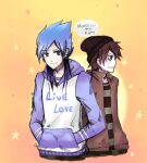  blue_hair brown_hair esharart hat jacket mordecai_(regular_show) regular_show rigby shirt striped striped_shirt 