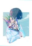  1girl blue_background bouquet brown_hair commentary_request covered_eyes cropped_torso flower hagimorijia holding holding_bouquet long_sleeves original profile purple_flower shirt short_hair solo upper_body white_background white_flower white_shirt 