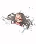  1girl bangs black_hair blush closed_eyes commentary_request gomennasai hood hood_down hooded_jacket jacket long_hair lying nose_blush on_back open_mouth original pillow pink_jacket solo striped striped_jacket teeth translation_request under_covers upper_teeth white_background 