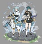  2boys bandaged_leg bandages black_bodysuit blue_hair bodysuit book boots chongyun_(genshin_impact) closed_mouth earrings flower frilled_sleeves frills genshin_impact greatsword grey_background hand_on_hip highres holding holding_book holding_sword holding_weapon ice jewelry light_blue_eyes light_blue_hair male_focus multiple_boys papajay_(jennygin2) shorts simple_background single_earring standing sword symbol-only_commentary talisman tassel tassel_earrings vision_(genshin_impact) weapon xingqiu_(genshin_impact) yellow_eyes 