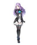  1girl alternate_costume armor bangs black_armor boots breasts circlet dress fire_emblem fire_emblem:_the_blazing_blade fire_emblem_heroes florina_(fire_emblem) full_body gloves green_eyes highres jewelry long_hair long_sleeves medium_breasts non-web_source official_art parted_bangs purple_hair ringozaka_mariko shiny shiny_hair short_dress solo thigh-highs thigh_boots torn_clothes transparent_background white_dress zettai_ryouiki 