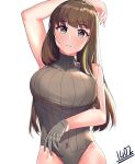  1girl absurdres arm_behind_head bangs blush breasts brown_hair closed_mouth eyebrows_visible_through_hair feet_out_of_frame girls_frontline gloves grey_eyes grey_gloves grey_sweater_vest highres kaicchi large_breasts leotard long_hair looking_at_viewer m4a1_(girls&#039;_frontline) multicolored_hair solo standing sweater_vest white_background 