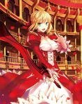 1girl aestus_estus ahoge blonde_hair braid breasts cleavage commentary_request dress epaulettes fate/extra fate/grand_order fate_(series) french_braid fuyuki_(neigedhiver) green_eyes hair_intakes hair_ribbon juliet_sleeves large_breasts long_sleeves nero_claudius_(fate) nero_claudius_(fate)_(all) puffy_sleeves red_dress red_ribbon ribbon saber_extra see-through solo sword weapon wide_sleeves