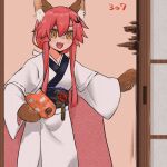  1girl animal_ear_fluff animal_ears animal_hands animal_print bangs carrot_print cat_paws cat_print commentary_request eyebrows_visible_through_hair fabric fang fate/grand_order fate_(series) food_print fox_ears fox_girl hair_between_eyes holding japanese_clothes kimono long_hair long_sleeves miss_crane_(fate) mycn18neo obijime open_door open_mouth pink_hair sidelocks solo tamamo_(fate) tamamo_cat_(fate) tongue white_kimono wide_sleeves yellow_eyes 