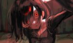  1girl abstract_background arm_up bangs black_hair black_shirt blood blood_on_face commentary empty_eyes highres horror_(theme) indoors jewelry long_sleeves looking_at_viewer necklace original parted_lips red_eyes red_theme shirt siun_5513 upper_body 