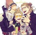  3boys :d age_comparison amplifier belt blonde_hair boku_no_hero_academia costume crested_hair dated english_text epaulettes facial_hair finger_in_mouth fingerless_gloves glasses gloves green_eyes hair_up hand_on_another&#039;s_face hand_on_another&#039;s_shoulder happy_birthday headphones holding holding_plant jacket jewelry long_hair looking_at_another looking_at_viewer making_faces male_focus mixed-language_text multiple_boys multiple_persona mustache open_mouth plant present_mic quiff school_uniform short_hair sideways_glance sideways_mouth simple_background smile studded_belt studded_jacket sunglasses tag tied_hair tinted_eyewear translation_request u.a._school_uniform upper_body ura_musi watch watch white_background 