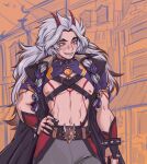  1boy abs alicetrijjet arataki_itto black_nails bracelet genshin_impact gloves hand_on_hip highres horns jewelry long_hair male_focus oni oni_horns red_eyes red_horns smile solo spiked_bracelet spikes tattoo vision_(genshin_impact) white_hair 