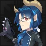  1boy blue_hair dragon_boy dragon_horns glasses horns looking_to_the_side low_ponytail lowres mask official_art pale_skin pointy_ears polygon_project red_eyes solo virtual_youtuber xgamma 