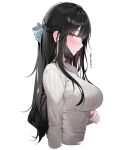  1girl black_hair blush breasts closed_mouth eyebrows_visible_through_hair from_side hair_ribbon jpeg_artifacts large_breasts long_hair mask mole mole_under_eye mouth_mask original ribbon solo sweater turtleneck turtleneck_sweater white_background xretakex 