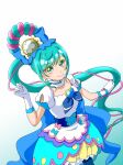  1girl :d blue_bow blue_hair blush bow brooch cure_spicy delicious_party_precure detached_collar earrings fuwa_kokone gloves green_eyes hair_bow hair_ornament hair_rings heart heart_brooch highres jewelry kamonan_(pixiv_id_1430057) long_hair looking_at_viewer magical_girl multicolored_hair open_mouth pink_hair ponytail precure puffy_sleeves smile solo two-tone_hair upper_body white_gloves 