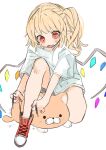  1girl alternate_costume animal bangs blonde_hair cross-laced_footwear crystal flandre_scarlet full_body gotoh510 high_tops highres medium_hair no_hat no_headwear one_knee one_side_up open_mouth pointy_ears red_eyes red_footwear shirt shoes short_sleeves simple_background sneakers touhou tying_footwear white_background white_shirt wings 