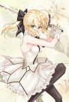  1girl artoria_pendragon_(all) black_bow blonde_hair bow breastplate caliburn dress eyebrows_visible_through_hair fate/grand_order fate/unlimited_codes fate_(series) faulds floating_hair gauntlets green_eyes hair_between_eyes hair_bow highres hina_(pixiv19324046) long_hair looking_at_viewer outdoors petals ponytail saber_lily signature sleeveless sleeveless_dress solo standing sword weapon white_dress 