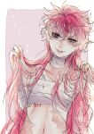  1boy absurdres akuma_shitsuji_to_kuroi_neko androgynous bandages bishounen blue_eyes blush highres lato_bacca lip_piercing long_hair looking_at_viewer pale_skin piercing pink_hair rota_aknk solo 