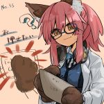  1girl ? animal_ear_fluff animal_ears animal_hands bangs blue-framed_eyewear blue_bow blue_bowtie blue_shirt bow bowtie cat_paws closed_mouth commentary_request confused eyebrows_visible_through_hair fate/grand_order fate_(series) fox_ears fox_girl glasses hans_christian_andersen_(fate) headphones holding holding_tablet_pc labcoat long_sleeves looking_at_object mycn18neo pink_hair shirt sidelocks solo sweat tablet_pc tamamo_(fate) tamamo_cat_(fate) upper_body yellow_eyes 