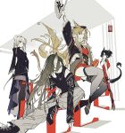  4girls abstract_background alternate_costume animal_ears arknights armband bangs bear_ears black_coat black_footwear black_hair black_jacket black_legwear black_shirt blonde_hair blunt_bangs bright_pupils brown_pants buttons ch&#039;en_(ageless_afterglow)_(arknights) ch&#039;en_(arknights) chinese_clothes clothing_cutout coat commentary dragon_horns dragon_tail dress feet_out_of_frame full_body fur-trimmed_jacket fur_trim green_hair grey_eyes grey_hair grey_skirt hair_bun hair_up highres horns hoshiguma_(arknights) jacket limited_palette lin_yuhsia_(arknights) long_hair long_sleeves looking_at_viewer moa_(fade64222) multicolored_hair multiple_girls oni open_mouth pants pantyhose parted_lips pleated_skirt red_dress serious sheath shirt shoes shoulder_cutout sidelocks single_horn skirt sleeveless sleeveless_dress smile sneakers streaked_hair swire_(arknights) sword symbol-only_commentary tail tailcoat teeth thigh-highs tiger_ears upper_teeth very_long_hair weapon white_background white_pupils yellow_eyes 