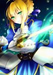 1girl ahoge artoria_pendragon_(all) blonde_hair blue_ribbon breasts cleavage_cutout clothing_cutout fate/grand_order fate/stay_night fate_(series) green_eyes hair_bun hair_ribbon holding holding_weapon juliet_sleeves long_sleeves marusa_(pixiv1455080) medium_breasts puffy_sleeves ribbon saber solo sword weapon