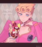  1boy 723_(tobi) bangs blonde_hair blue_eyes braid braided_ponytail closed_eyes closed_mouth cup food giorno_giovanna holding holding_cup holding_spoon ice_cream jacket jojo_no_kimyou_na_bouken long_hair looking_at_viewer pink_jacket smile solo spoon twitter_username vento_aureo 