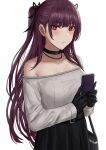  1girl bag bangs bare_shoulders black_choker black_gloves black_skirt blush cellphone choker closed_mouth commentary english_commentary eyebrows_visible_through_hair girls_frontline gloves hair_ornament handbag highres holding holding_phone long_hair long_sleeves looking_at_viewer off_shoulder phone purple_hair red_eyes selcky simple_background skirt smartphone solo wa2000_(girls&#039;_frontline) white_background 