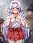  1girl 2boys absurdres blurry blurry_background blush brown_eyes commentary_request commission cowboy_shot embarrassed hairband hakama hakama_short_skirt hakama_skirt highres japanese_clothes kantai_collection long_hair looking_at_viewer multiple_boys nose_blush red_hairband red_hakama shoukaku_(kancolle) skirt solo_focus white_hair zanntetu 