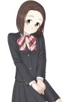  1girl akebi-chan_no_serafuku black_jacket black_skirt blazer brown_eyes brown_hair cowboy_shot easy_(aqk7bdqt) jacket pleated_skirt ribbon roubai_academy_school_uniform_(new) short_hair simple_background skirt solo striped striped_ribbon usagihara_touko white_background 