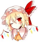  1girl :o ascot bangs blonde_hair blush bow commentary_request crystal expressionless eyebrows_visible_through_hair flandre_scarlet frilled_shirt_collar frills hair_between_eyes hat hat_ribbon kureha_ki908 looking_at_viewer mob_cap one_eye_closed red_bow red_eyes red_ribbon ribbon short_hair sidelocks simple_background solo touhou white_background wings yellow_ascot 