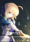 1girl ahoge arthur_ec4869 artoria_pendragon_(all) blonde_hair blue_ribbon breasts cleavage_cutout clothing_cutout fate/grand_order fate/stay_night fate_(series) green_eyes hair_bun hair_ribbon holding holding_weapon juliet_sleeves long_sleeves medium_breasts puffy_sleeves ribbon saber solo sword weapon