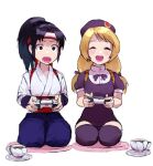  2girls blonde_hair blue_hair cup dualsense hakama happy hat headband japanese_clothes low_twintails multiple_girls oni_gini playing_games playstation_controller ponytail school_uniform seiza shijou_hinako sitting tea teacup the_king_of_fighters the_king_of_fighters_2000 toudou_kasumi twintails wide-eyed 
