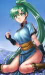  1girl absurdres black_gloves blue_sky boots breasts dress earrings eyebrows_visible_through_hair fingerless_gloves fire_emblem fire_emblem:_the_blazing_blade flower gloves green_eyes green_hair hazuki_(nyorosuke) highres holding holding_flower jewelry large_breasts long_hair looking_at_viewer lyn_(fire_emblem) outdoors pelvic_curtain ponytail short_sleeves side_slit sitting sky smile solo thighs very_long_hair 
