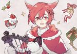  1boy animal_ears bell blush cat_boy cat_ears christmas final_fantasy final_fantasy_xiv g&#039;raha_tia hair_ornament harp highres instrument looking_at_viewer lyre mittens open_mouth red_eyes redhead shanzi short_hair smile snowman solo 