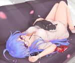  1girl absurdres animal_on_stomach azur_lane bespectacled black_cat blue_hair breasts brown-framed_eyewear cat cellphone couch dress food glasses helena_(azur_lane) highres kyl490 looking_at_viewer lying medium_breasts multicolored_hair on_back petals phone pocky purple_hair short_sleeves smartphone solo streaked_hair two-tone_hair white_dress 