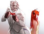  1boy 1girl animal_ears arknights arms_up bangs bare_back blazer bow bowtie breasts closed_mouth demon_horns dress eyebrows_visible_through_hair feet_out_of_frame formal highres horns jacket long_hair looking_at_another mountain_(arknights) red_bow red_bowtie redhead shirt simple_background standing suit surtr_(arknights) talnory tiger_boy tiger_ears violet_eyes white_jacket white_shirt white_suit yellow_dress 