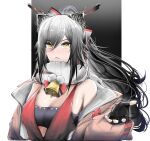 1girl absurdres aburaage_here animal_ears arknights bandeau bangs bare_shoulders bell black_gloves breasts cat_ears commentary eyebrows_visible_through_hair fake_antlers fingerless_gloves gloves hair_between_eyes highres jacket long_hair long_sleeves looking_at_viewer medium_breasts off_shoulder open_clothes open_jacket parted_lips pink_jacket scarf schwarz_(arknights) schwarz_(presents)_(arknights) silver_hair solo strapless tube_top upper_body white_scarf yellow_eyes 