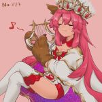  1girl animal_ears animal_hands bangs bow cape cat_paws claws closed_eyes closed_mouth commentary_request crossed_legs crown europa_(fate) eyebrows_visible_through_hair fate/grand_order fate_(series) feet_out_of_frame fox_ears fox_girl gem harp heart instrument long_hair long_sleeves music mycn18neo pink_background pink_hair playing_instrument red_bow ruby_(gemstone) sidelocks simple_background solo tamamo_(fate) tamamo_cat_(fate) very_long_hair white_cape white_legwear 