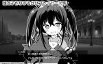  1girl april_fools blurry blurry_background blush capelet commentary_request dialogue_box fang fingerless_gloves gloves greyscale hand_on_hip highres maturiuta_sorato medium_hair midriff monochrome open_mouth original tonica_(maturiuta_sorato) translation_request twintails v 