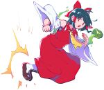  1girl ascot bangs black_hair bow brown_footwear clenched_hand commentary_request cookie_(touhou) cup detached_sleeves full_body green_tea hair_bow hakurei_reimu highres hita_(hizokuseikogeki) long_skirt looking_at_viewer mary_janes open_mouth red_bow red_eyes red_shirt red_skirt reu_(cookie) shirt shoes short_hair sidelocks simple_background skirt skirt_set sleeveless sleeveless_shirt socks solo tea touhou white_background white_legwear white_sleeves yellow_ascot yunomi 