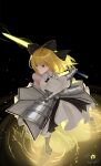  1girl artoria_pendragon_(all) black_bow blonde_hair bow breastplate caliburn dress eyebrows_visible_through_hair fate/grand_order fate/unlimited_codes fate_(series) faulds floating_hair gauntlets green_eyes hair_between_eyes hair_bow highres li_kha long_hair looking_at_viewer outdoors petals ponytail saber_lily signature sleeveless sleeveless_dress solo standing sword weapon white_dress 