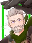  1boy beard belt cigarette facial_hair fate/grand_order fate_(series) foreshortening grey_hair koushirou_(6qc4n0ciwowwies) leather looking_at_viewer male_focus mature_male mustache short_hair smile smoking solo spiky_hair upper_body violet_eyes william_tell_(fate) wrinkled_skin 
