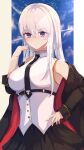  1girl absurdres arm_up azur_lane bangs black_jacket black_necktie black_skirt blush breasts closed_mouth enterprise_(azur_lane) eyebrows_visible_through_hair feet_out_of_frame hand_on_hip hane_(feathe02) highres jacket jacket_pull large_breasts long_hair looking_at_viewer necktie open_clothes open_jacket shirt silver_hair simple_background skirt solo standing violet_eyes white_shirt 