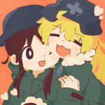  2girls 3; =_= ahoge bangs black_eyes black_hair black_headwear blonde_hair blush_stickers breast_pocket bright_pupils brodie_helmet chito_(shoujo_shuumatsu_ryokou) close-up closed_eyes dot_nose eyebrows_visible_through_hair facing_viewer fur_trim hair_between_eyes hand_on_another&#039;s_arm hand_up heads_together heart helmet highres hishimatope hood hood_down long_hair long_sleeves looking_at_another looking_to_the_side low_twintails military military_uniform multiple_girls no_lineart one_eye_closed open_mouth orange_background outstretched_arm pocket shoujo_shuumatsu_ryokou simple_background sleeves_past_wrists smile stahlhelm tareme twintails uniform upper_body white_pupils yuuri_(shoujo_shuumatsu_ryokou) 