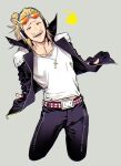  1boy belt belt_buckle blonde_hair boku_no_hero_academia buckle bulge collarbone costume cowboy_shot cropped_legs cross cross_necklace epaulettes eyewear_on_head facial_hair fingerless_gloves gloves green_eyes grey_background hands_in_pockets headphones high_collar highres jacket jewelry long_hair looking_at_viewer male_focus midriff_peek mustache necklace open_clothes open_jacket open_mouth pants piyo_(sound) present_mic shirt simple_background smile solo studded_belt studded_jacket sunglasses tied_hair tight tight_pants tinted_eyewear twitter_username ura_musi white_shirt 