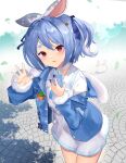  1girl absurdres animal_ears blue_hair carrot cowboy_shot day from_above hand_up highres holding holding_phone hololive leaning_forward looking_at_viewer otohacomet_888 outdoors phone rabbit_ears red_eyes solo two_side_up usada_pekora 