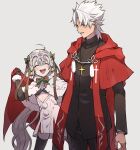  1boy 1girl ahoge amakusa_shirou_(fate) bangs cloak closed_eyes coat cross elbow_gloves eyebrows_behind_hair eyebrows_visible_through_hair fate/grand_order fate_(series) gloves hair_ribbon headpiece highres jeanne_d&#039;arc_(fate) jeanne_d&#039;arc_alter_santa_lily_(fate) long_hair looking_at_another necktie open_mouth ponytail ribbon santa_costume short_hair silver_hair smile thigh-highs tofu_(bean359) 
