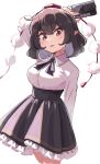  5alive arm_up black_hair black_ribbon black_skirt blush breasts brown_eyes camera collared_shirt eyebrows_visible_through_hair frilled_skirt frills highres holding holding_camera long_sleeves medium_breasts medium_hair open_mouth pointy_ears pom_pom_(clothes) ribbon shameimaru_aya shirt simple_background skirt standing touhou white_background white_shirt 