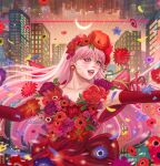  1girl bangs belle_(ryuu_to_sobakasu_no_hime) building crescent_moon dress earrings elbow_gloves eyebrows_behind_hair facial_mark flower gloves jewelry long_hair moon open_mouth petals pink_hair red_dress ryuu_to_sobakasu_no_hime solo stephanie_sybydlo 