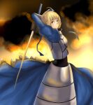 1girl ahoge artoria_pendragon_(all) blonde_hair blue_ribbon breasts cleavage_cutout clothing_cutout fate/grand_order fate/stay_night fate_(series) green_eyes hair_bun hair_ribbon holding holding_weapon juliet_sleeves long_sleeves medium_breasts puffy_sleeves ribbon saber solo sword weapon yuuki_(4151564)